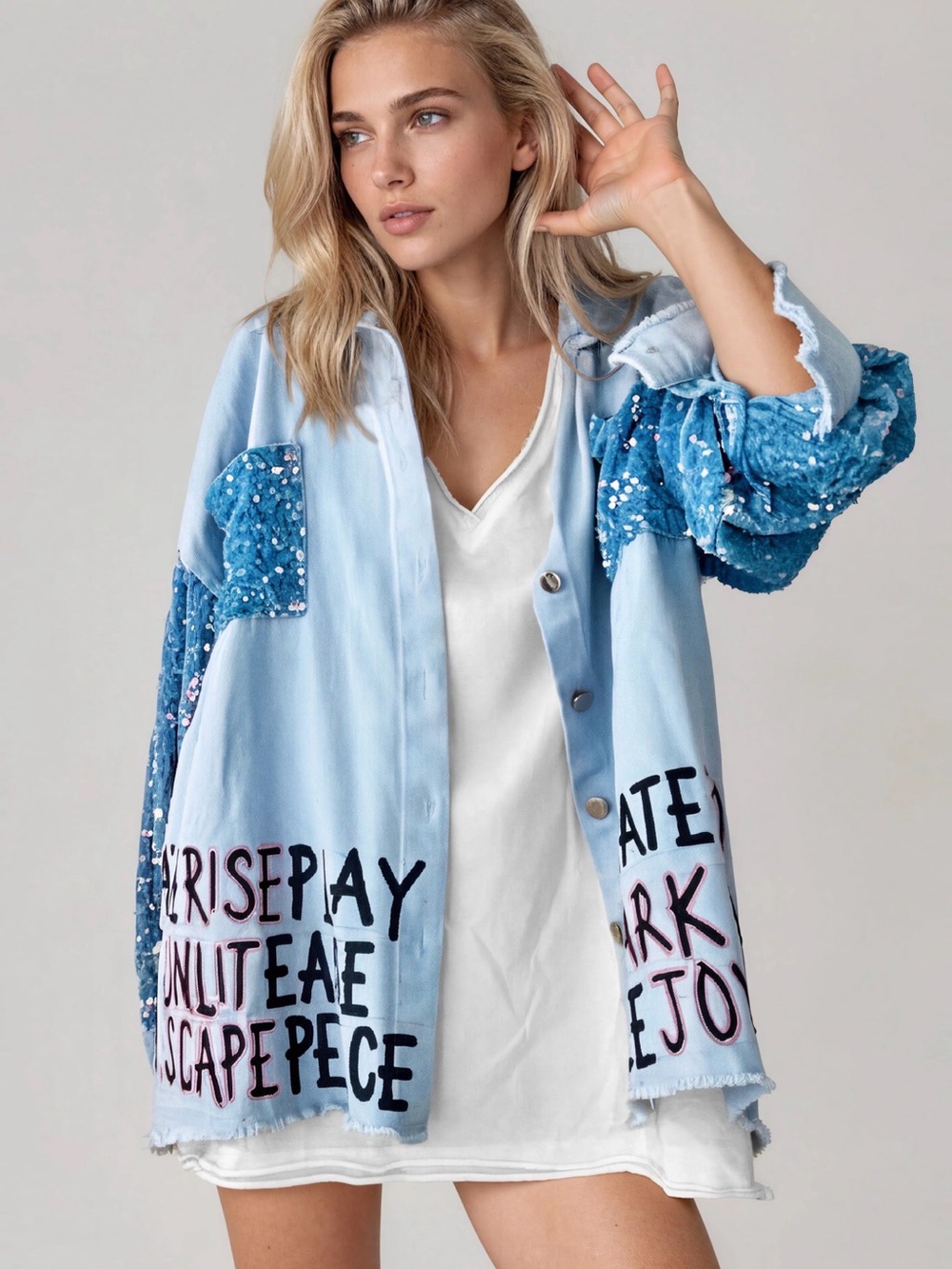 Wren + Glory Drift Days Light Blue Sequin-Sleeve Graphic Jean Jacket/Shirt